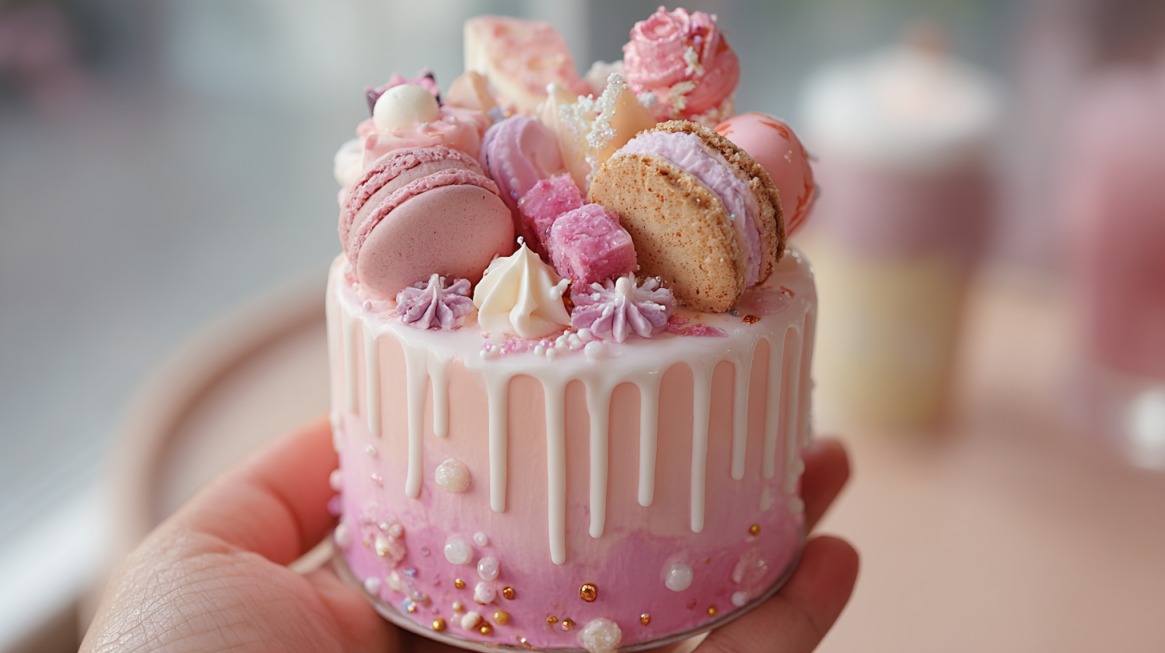 Mala rođendanska torta u roze boji, ukrašena makaronima, kremom i šarenim detaljima