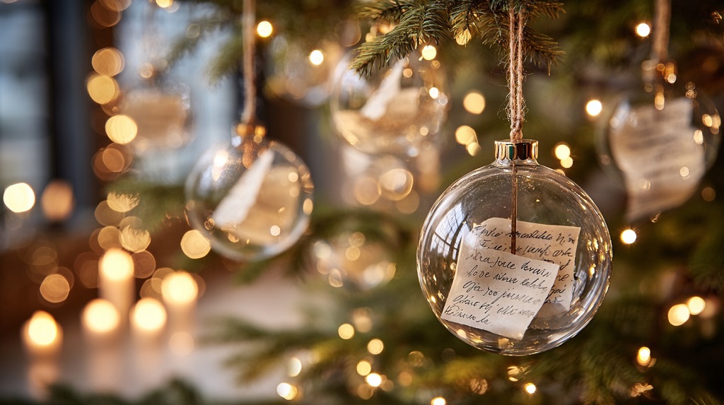 Providne novogodišnje kugle na jelci sa porukama i toplim svetlima u pozadini