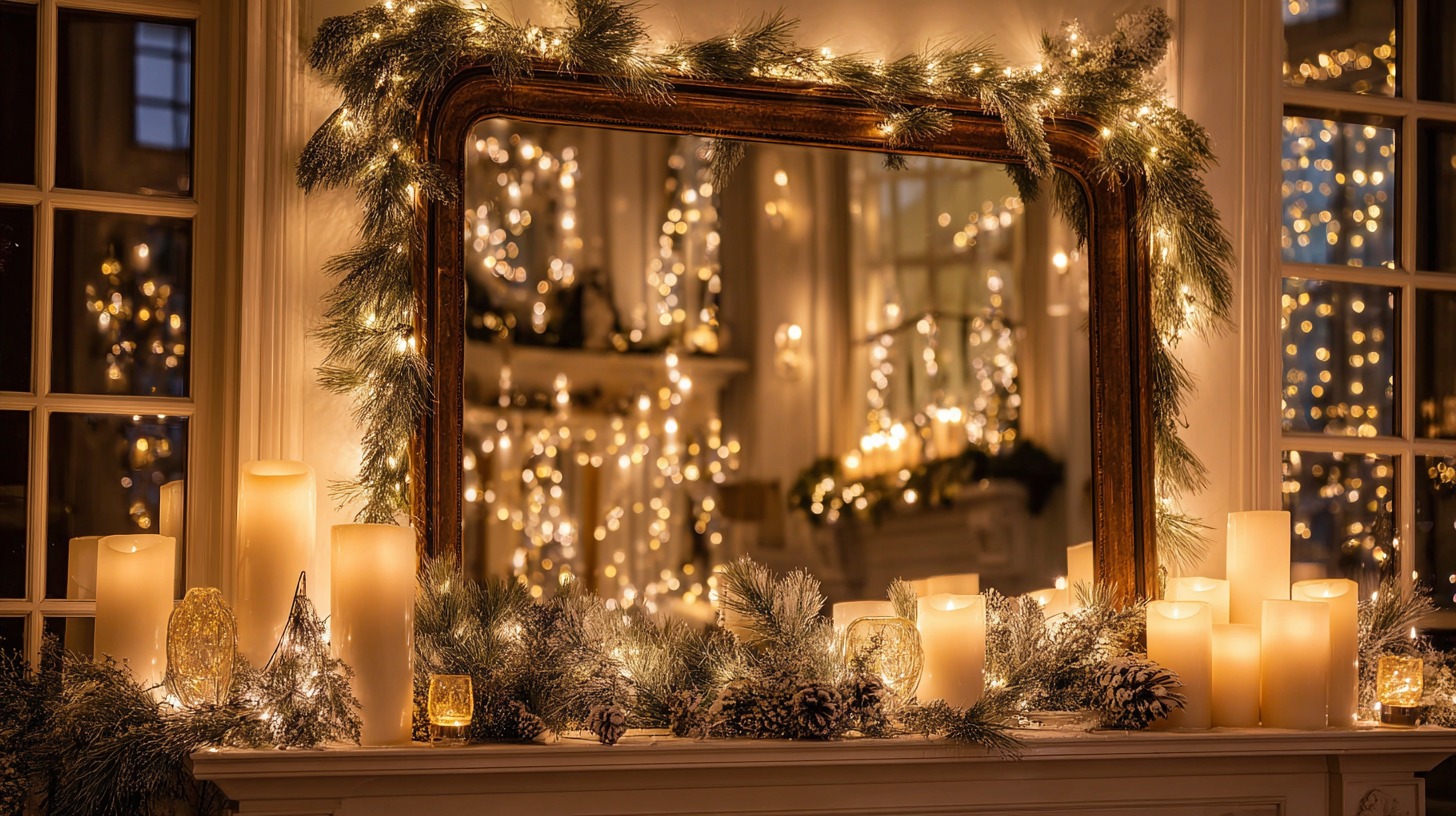 Ogledalo ukrašeno girlandom, lampicama i svećama koje stvaraju svečanu prazničnu atmosferu