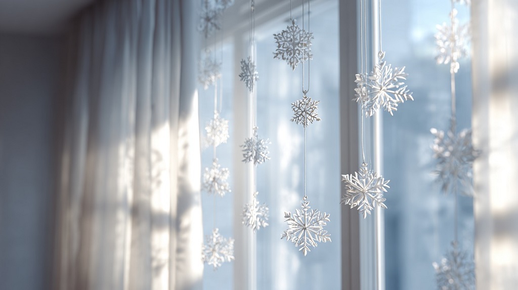 Zimska dekoracija sa belim pahuljama od filca koje vise na prozoru i stvaraju nežan praznični ambijent