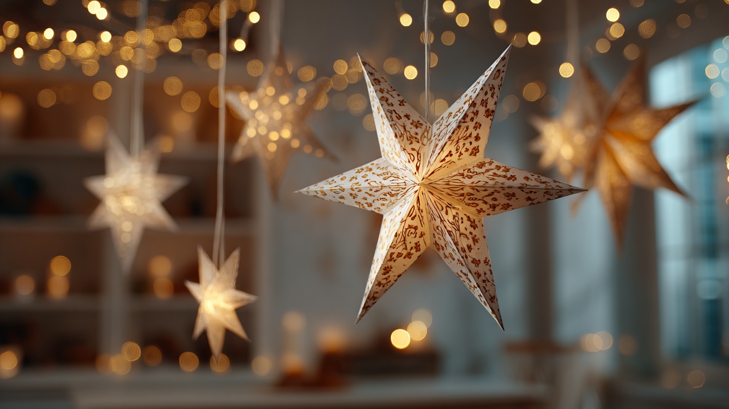 Dekorativne papirne zvezde koje vise sa plafona uz tople novogodišnje lampice u pozadini