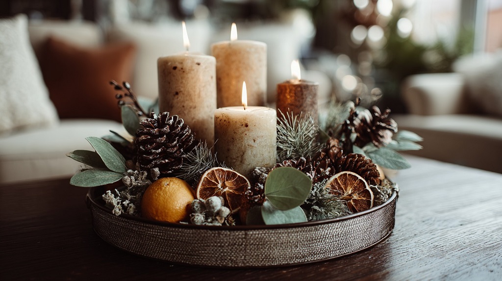 Praznični aranžman na tacni sa svećama, šišarkama, suvim narandžama i zelenilom na stolu