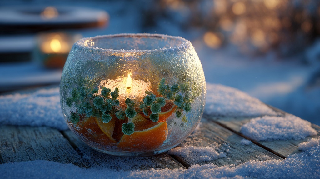 Zaleđeni lampion sa svećom, narandžom i zelenilom postavljen napolju u zimskom ambijentu