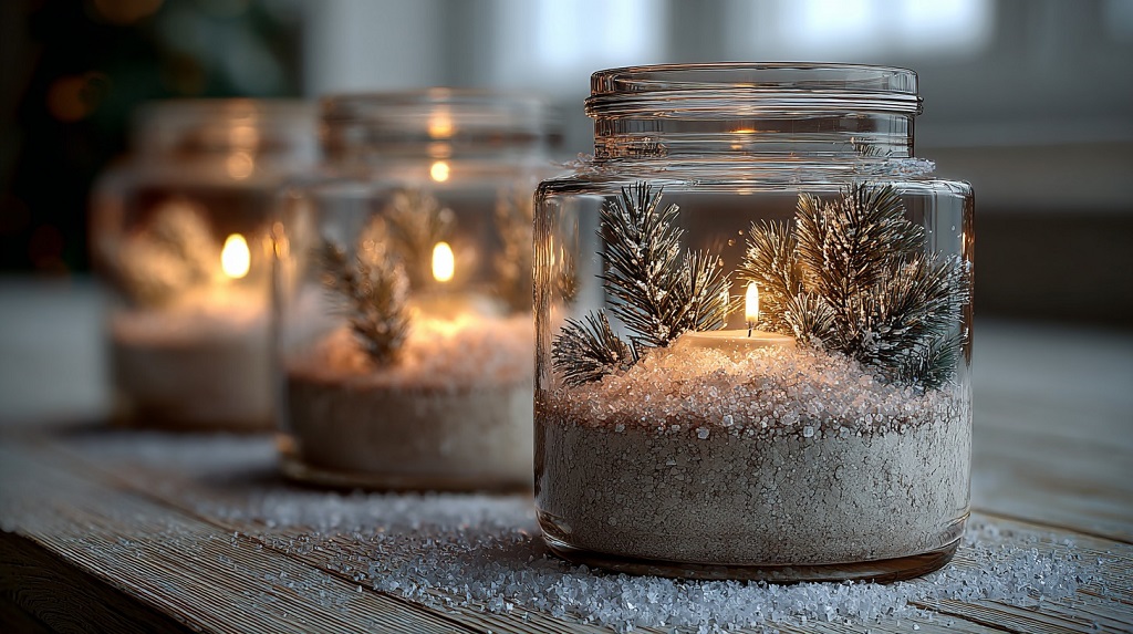 Staklene tegle sa svećama, zelenilom i solju koje stvaraju snežni efekat i toplo praznično osvetljenje